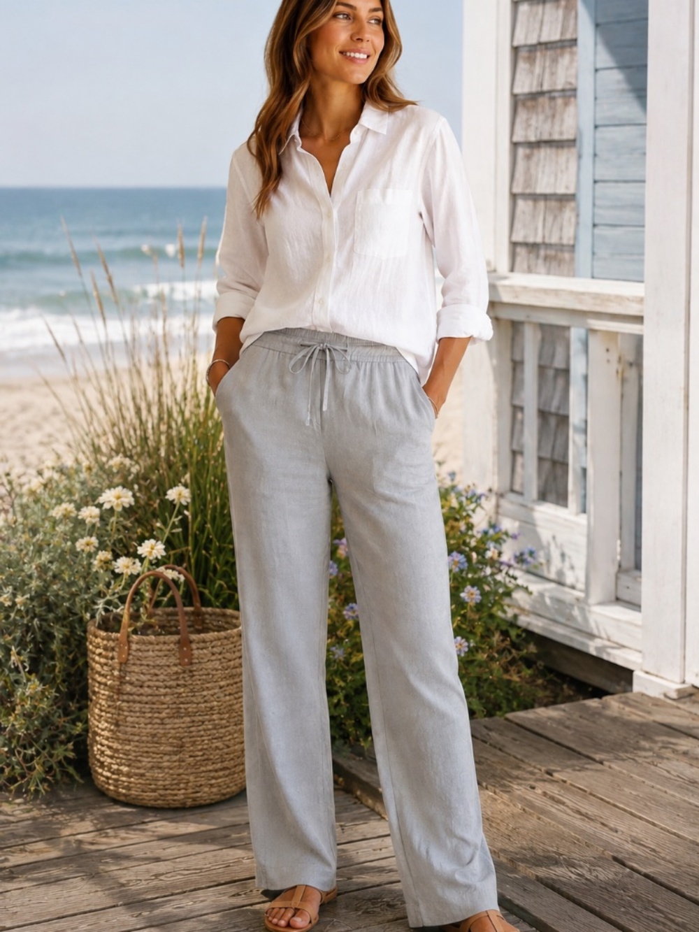100% LINEN pants/trousers 6P grey tie elastic pockets quiet luxury office beach